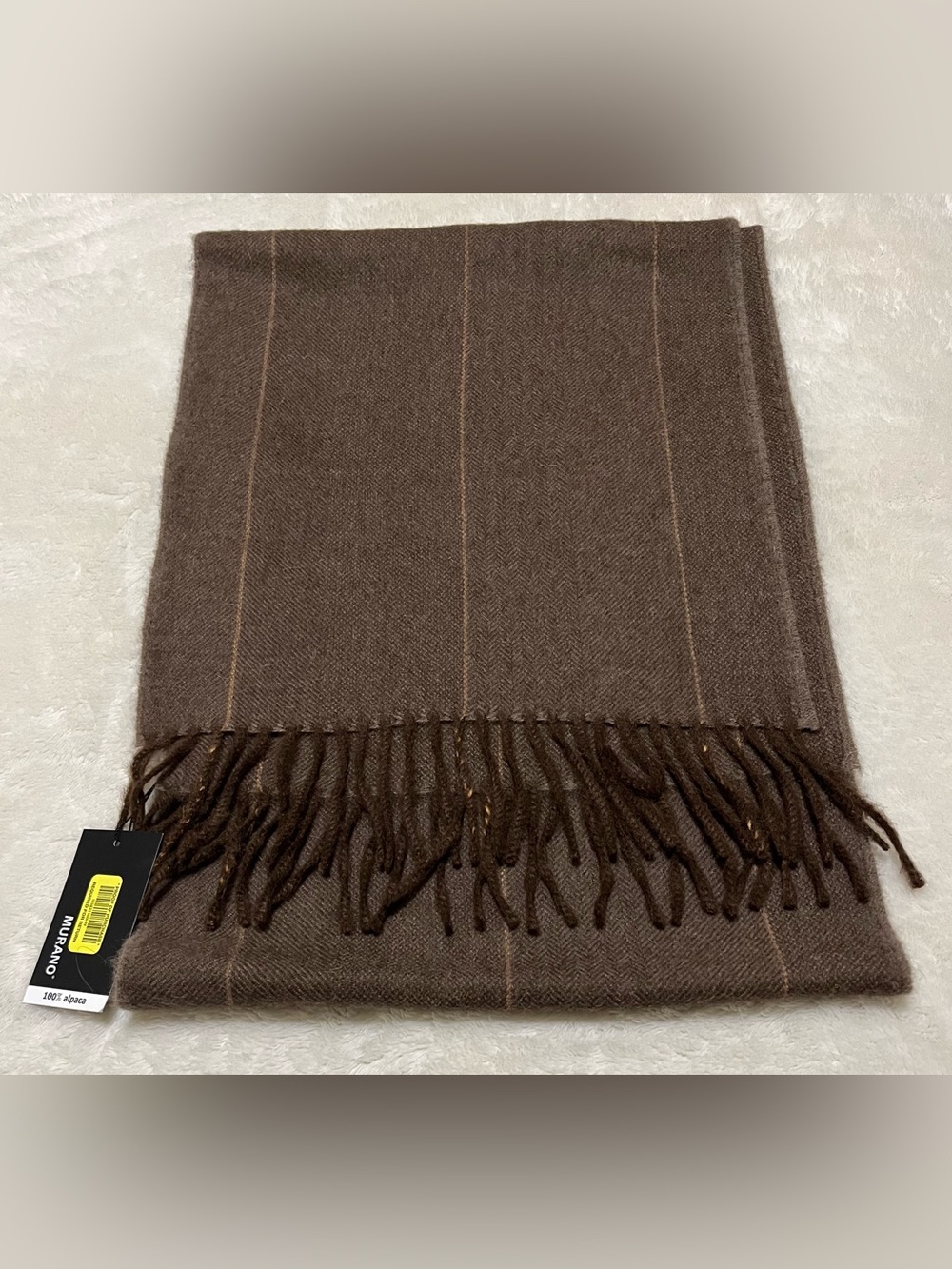 NWT Murano 100% Alpaca Brown Striped Fringe Scarf with Subtle Tan Pinstripes 71”